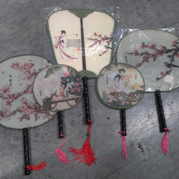 Oriental Silk Paddle Hand Fans (4pcs) Hand painted - Picture 1 of 10